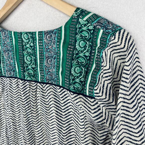 LUCKY BRAND Blouse M Paisley Chevron Peasant Boho 3/4 Sleeve Notch Cotton Green - Picture 10 of 15